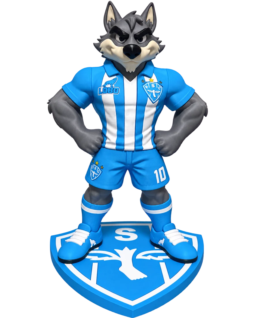 Lobo com uniforme do Paysandu, de frente e com o escudo sob os pés